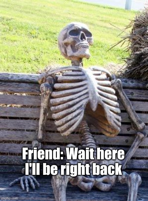 Waiting Skeleton Meme | Friend: Wait here I'll be right back | image tagged in memes,waiting skeleton | made w/ Imgflip meme maker