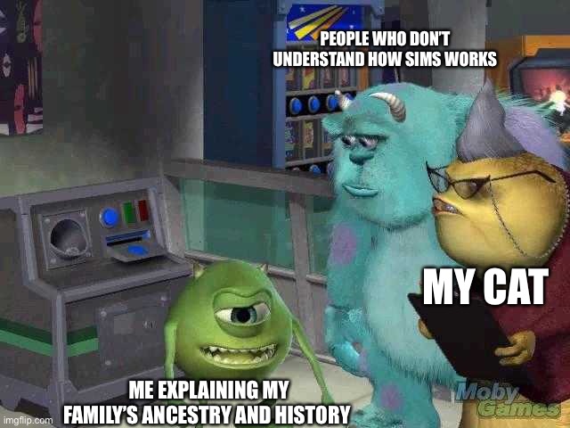 Mike wazowski trying to explain | PEOPLE WHO DON’T UNDERSTAND HOW SIMS WORKS; MY CAT; ME EXPLAINING MY FAMILY’S ANCESTRY AND HISTORY | image tagged in mike wazowski trying to explain | made w/ Imgflip meme maker