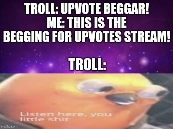 This legit just happened to me! | TROLL: UPVOTE BEGGAR!
ME: THIS IS THE BEGGING FOR UPVOTES STREAM! TROLL: | image tagged in blank purple template,memes,begging for upvotes,trolls,funny,listen here you little shit bird | made w/ Imgflip meme maker
