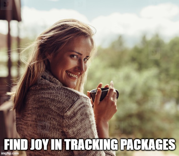 find joy in tracking packages | FIND JOY IN TRACKING PACKAGES | image tagged in covid times,ups,spark joy,joy,woman smiling | made w/ Imgflip meme maker