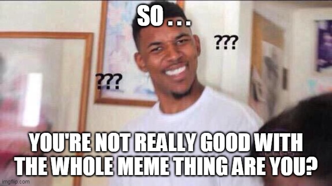 Black guy confused | SO . . . YOU'RE NOT REALLY GOOD WITH THE WHOLE MEME THING ARE YOU? | image tagged in black guy confused | made w/ Imgflip meme maker