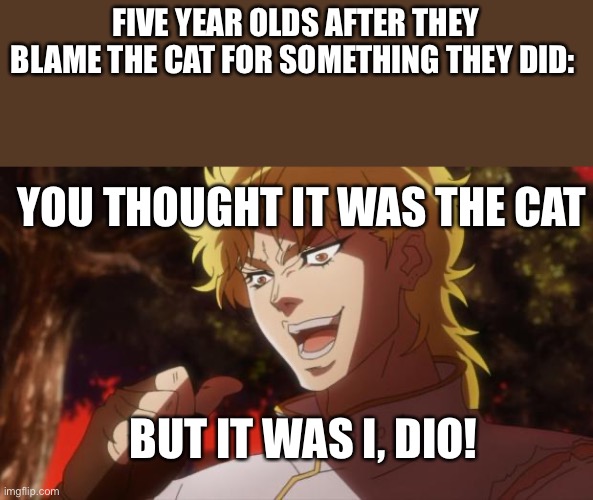 Five year olds | FIVE YEAR OLDS AFTER THEY BLAME THE CAT FOR SOMETHING THEY DID:; YOU THOUGHT IT WAS THE CAT; BUT IT WAS I, DIO! | image tagged in but it was me dio,cat,memes,anime,five year olds | made w/ Imgflip meme maker