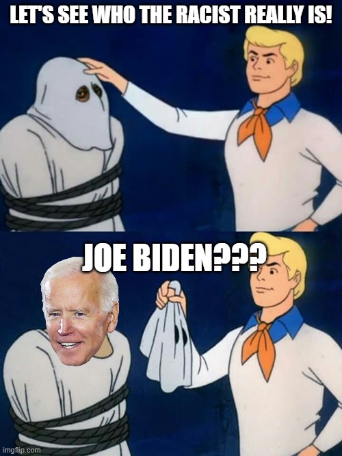 The real racist | LET'S SEE WHO THE RACIST REALLY IS! JOE BIDEN??? | image tagged in scooby doo mask reveal | made w/ Imgflip meme maker