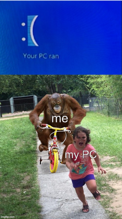 me; my PC | image tagged in orangutan chasing girl on a tricycle | made w/ Imgflip meme maker