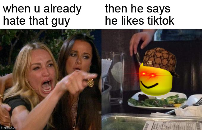 sad stuff | when u already hate that guy; then he says he likes tiktok | image tagged in memes,woman yelling at cat | made w/ Imgflip meme maker