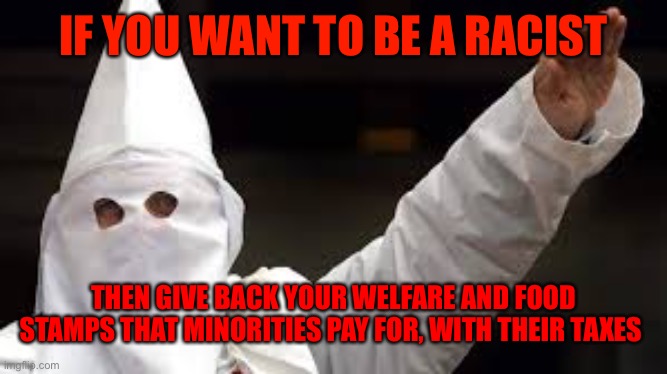 The "Racism doesn't exist" racist | IF YOU WANT TO BE A RACIST; THEN GIVE BACK YOUR WELFARE AND FOOD STAMPS THAT MINORITIES PAY FOR, WITH THEIR TAXES | image tagged in the racism doesn't exist racist | made w/ Imgflip meme maker