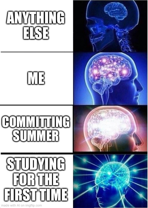 Yes committing summer is pretty big brain | ANYTHING ELSE; ME; COMMITTING SUMMER; STUDYING FOR THE FIRST TIME | image tagged in memes,expanding brain | made w/ Imgflip meme maker