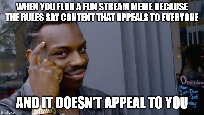 Smart | WHEN YOU FLAG A FUN STREAM MEME BECAUSE THE RULES SAY CONTENT THAT APPEALS TO EVERYONE; AND IT DOESN'T APPEAL TO YOU | image tagged in memes,roll safe think about it,fun | made w/ Imgflip meme maker