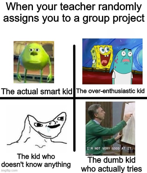 Group projects | When your teacher randomly assigns you to a group project; The actual smart kid; The over-enthusiastic kid; The kid who doesn't know anything; The dumb kid who actually tries | image tagged in memes,blank starter pack,funny,school,smart | made w/ Imgflip meme maker