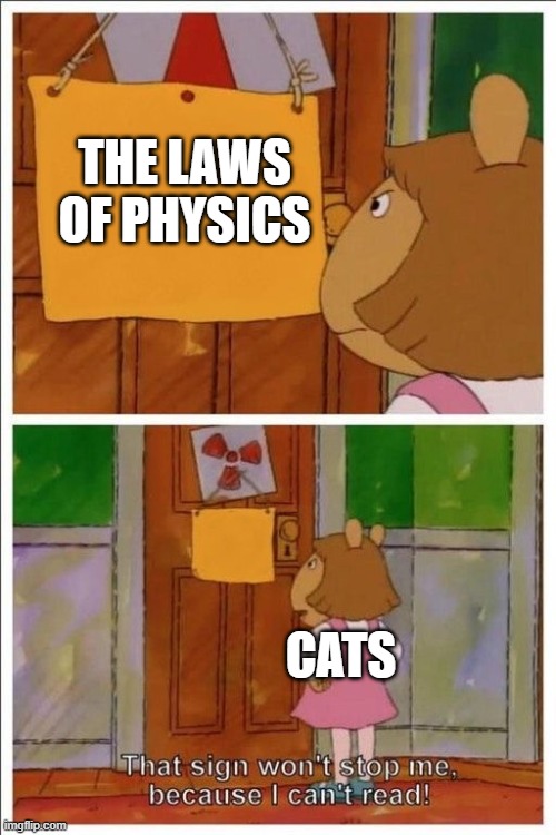 Cats v. The Laws Of Physics | THE LAWS OF PHYSICS; CATS | image tagged in that sign won't stop me | made w/ Imgflip meme maker
