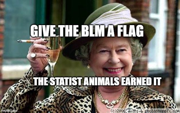 Queen Elizabeth | GIVE THE BLM A FLAG; THE STATIST ANIMALS EARNED IT | image tagged in queen elizabeth | made w/ Imgflip meme maker