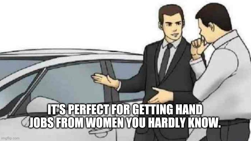 Perfect | IT'S PERFECT FOR GETTING HAND JOBS FROM WOMEN YOU HARDLY KNOW. | image tagged in memes,car salesman slaps roof of car | made w/ Imgflip meme maker