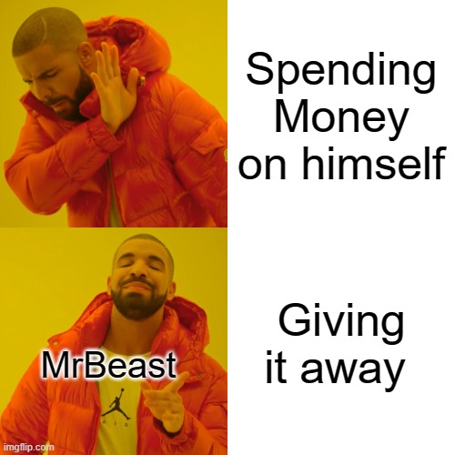 Drake Hotline Bling | Spending Money on himself; Giving it away; MrBeast | image tagged in memes,drake hotline bling | made w/ Imgflip meme maker