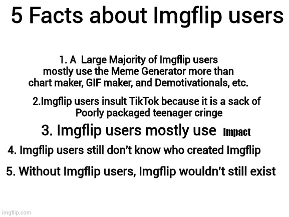 5 facts about Imgflip users | 5 Facts about Imgflip users; 1. A  Large Majority of Imgflip users mostly use the Meme Generator more than chart maker, GIF maker, and Demotivationals, etc. 2.Imgflip users insult TikTok because it is a sack of  
Poorly packaged teenager cringe; Impact; 3. Imgflip users mostly use; 4. Imgflip users still don't know who created Imgflip; 5. Without Imgflip users, Imgflip wouldn't still exist | image tagged in blank white template | made w/ Imgflip meme maker
