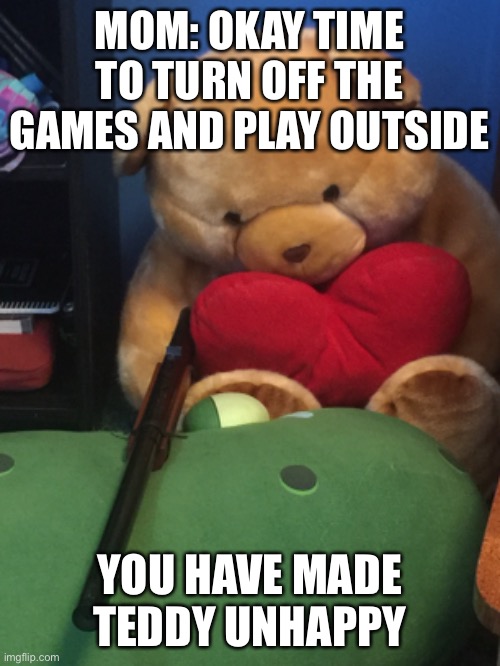 Unhappy Teddy | MOM: OKAY TIME TO TURN OFF THE GAMES AND PLAY OUTSIDE; YOU HAVE MADE TEDDY UNHAPPY | image tagged in fun | made w/ Imgflip meme maker