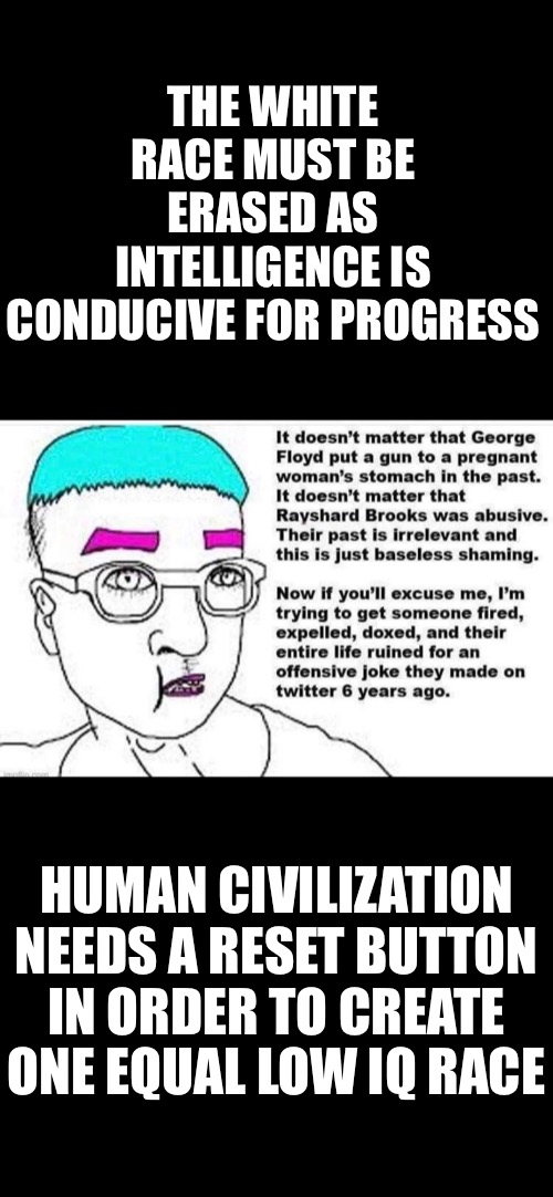 Liberal Utopia | THE WHITE RACE MUST BE ERASED AS INTELLIGENCE IS CONDUCIVE FOR PROGRESS; HUMAN CIVILIZATION NEEDS A RESET BUTTON IN ORDER TO CREATE ONE EQUAL LOW IQ RACE | image tagged in white people,wake up,democrats,hate | made w/ Imgflip meme maker