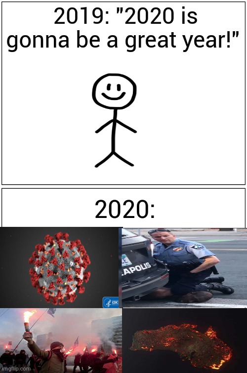Are you so sure about that, 2019 people? | 2019: "2020 is gonna be a great year!"; 2020: | image tagged in memes,blank comic panel 1x2,covid-19,george floyd | made w/ Imgflip meme maker
