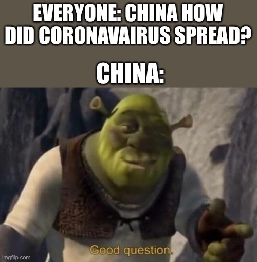 China | EVERYONE: CHINA HOW DID CORONAVAIRUS SPREAD? CHINA: | image tagged in shrek good question,china,memes,shrek,fun,covid | made w/ Imgflip meme maker