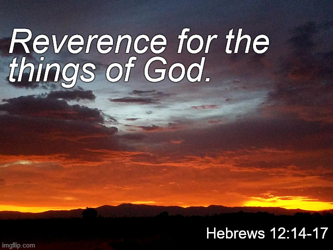 Be careful too, that none of you falls into impurity or loses his reverence for the things of God. | Reverence for the 
things of God. Hebrews 12:14-17 | image tagged in sunrise in darleen's idaho,that should be darlene not darleen,douglie,you incompetent speler you,spel speel spell,hebrews ch 12  | made w/ Imgflip meme maker