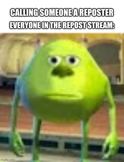rEpOsTeR | CALLING SOMEONE A REPOSTER; EVERYONE IN THE REPOST STREAM: | image tagged in sully wazowski | made w/ Imgflip meme maker