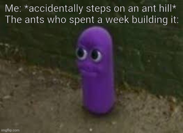 Beanos |  Me: *accidentally steps on an ant hill* 
The ants who spent a week building it: | image tagged in beanos | made w/ Imgflip meme maker