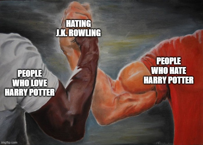 Grasping Hands | HATING J.K. ROWLING; PEOPLE WHO HATE HARRY POTTER; PEOPLE WHO LOVE HARRY POTTER | image tagged in grasping hands,HarryPotterMemes | made w/ Imgflip meme maker