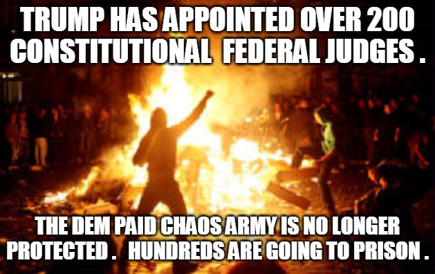 Chaos Army | TRUMP HAS APPOINTED OVER 200
CONSTITUTIONAL  FEDERAL JUDGES . THE DEM PAID CHAOS ARMY IS NO LONGER
PROTECTED .   HUNDREDS ARE GOING TO PRISON . | image tagged in anarchy,riot,judges,army,chaos,prison | made w/ Imgflip meme maker