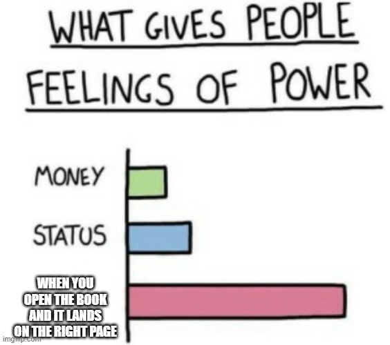 This is rare for me | WHEN YOU OPEN THE BOOK AND IT LANDS ON THE RIGHT PAGE | image tagged in what gives people feelings of power | made w/ Imgflip meme maker