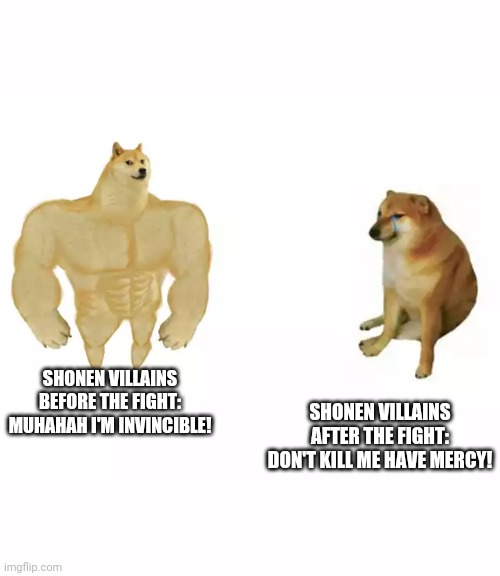 Many Shonen villains in a nutshell | SHONEN VILLAINS AFTER THE FIGHT: DON'T KILL ME HAVE MERCY! SHONEN VILLAINS BEFORE THE FIGHT: MUHAHAH I'M INVINCIBLE! | image tagged in buff doge vs cheems | made w/ Imgflip meme maker