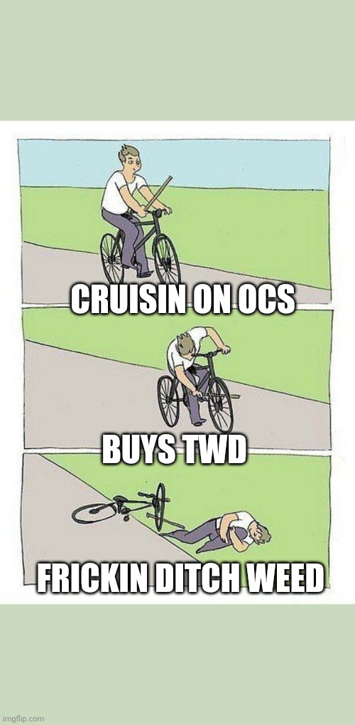 Bike Fall Meme | CRUISIN ON OCS; BUYS TWD; FRICKIN DITCH WEED | image tagged in bike fall | made w/ Imgflip meme maker