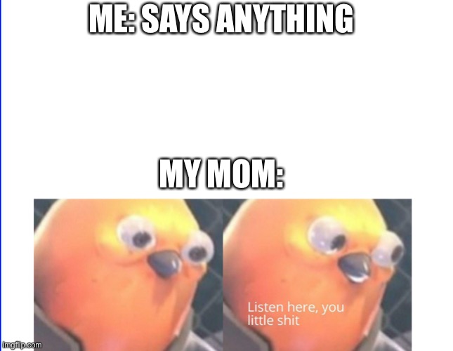 Listen here you little shit | ME: SAYS ANYTHING; MY MOM: | image tagged in listen here you little shit | made w/ Imgflip meme maker
