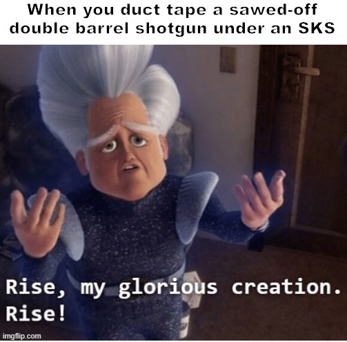Bubba gunsmithing 101 | When you duct tape a sawed-off double barrel shotgun under an SKS | image tagged in rise my glorious creation,firearmfriendly,megamind | made w/ Imgflip meme maker