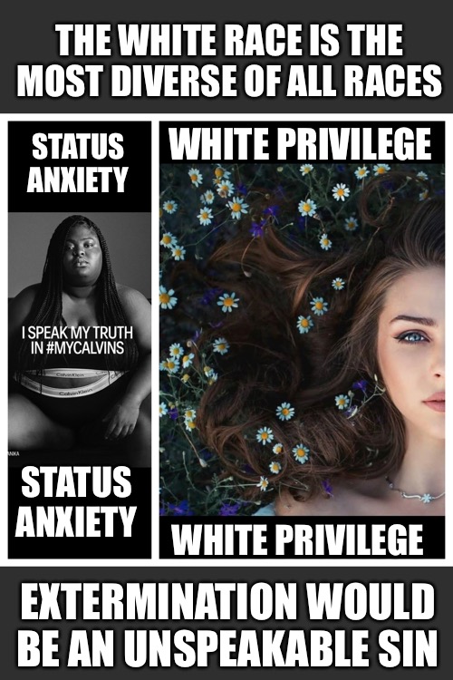 Systemic Racism is a Mental Disorder | THE WHITE RACE IS THE MOST DIVERSE OF ALL RACES; WHITE PRIVILEGE; STATUS ANXIETY; STATUS ANXIETY; WHITE PRIVILEGE; EXTERMINATION WOULD BE AN UNSPEAKABLE SIN | image tagged in truth hurts,jealousy,black and white | made w/ Imgflip meme maker