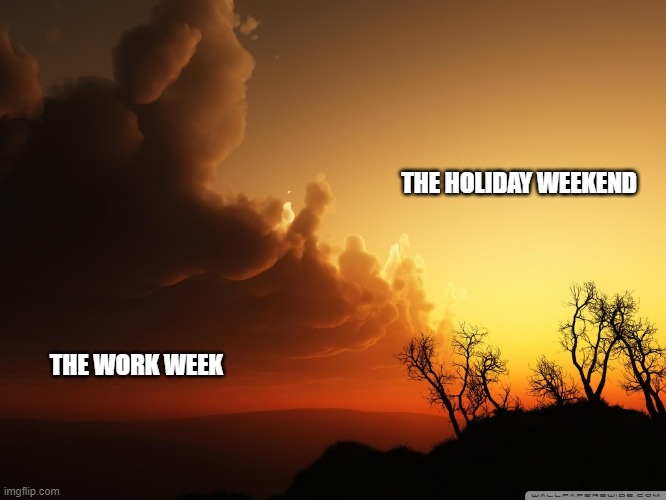 No... NOT MONDAY!! | THE HOLIDAY WEEKEND; THE WORK WEEK | image tagged in monday,holiday,weekend | made w/ Imgflip meme maker