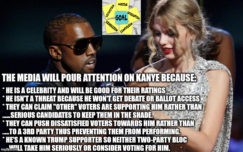 Kanye Distracts | THE MEDIA WILL POUR ATTENTION ON KANYE BECAUSE:; * HE IS A CELEBRITY AND WILL BE GOOD FOR THEIR RATINGS
* HE ISN'T A THREAT BECAUSE HE WON'T GET DEBATE OR BALLOT ACCESS
* THEY CAN CLAIM "OTHER" VOTERS ARE SUPPORTING HIM RATHER THAN 
......SERIOUS CANDIDATES TO KEEP THEM IN THE SHADE.
* THEY CAN PUSH DISSATISFIED VOTERS TOWARDS HIM RATHER THAN 
.....TO A 3RD PARTY THUS PREVENTING THEM FROM PERFORMING.
* HE'S A KNOWN TRUMP SUPPORTER SO NEITHER TWO-PARTY BLOC 
.....WILL TAKE HIM SERIOUSLY OR CONSIDER VOTING FOR HIM. | image tagged in kanye west,president,biased media,mainstream media | made w/ Imgflip meme maker