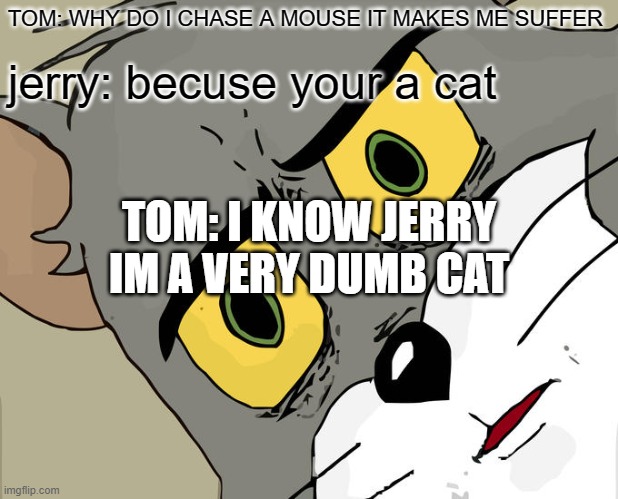 Unsettled Tom Meme | TOM: WHY DO I CHASE A MOUSE IT MAKES ME SUFFER; jerry: becuse your a cat; TOM: I KNOW JERRY IM A VERY DUMB CAT | image tagged in memes,unsettled tom | made w/ Imgflip meme maker