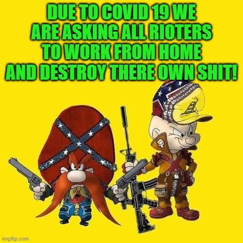 work from home | DUE TO COVID 19 WE ARE ASKING ALL RIOTERS TO WORK FROM HOME AND DESTROY THERE OWN SHIT! | image tagged in cartoon guns,covid-19,kewlew | made w/ Imgflip meme maker