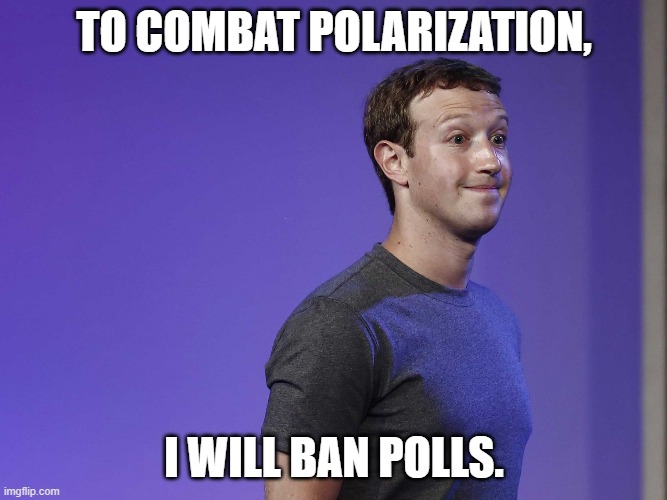 polls | TO COMBAT POLARIZATION, I WILL BAN POLLS. | image tagged in mark zuckerberg | made w/ Imgflip meme maker