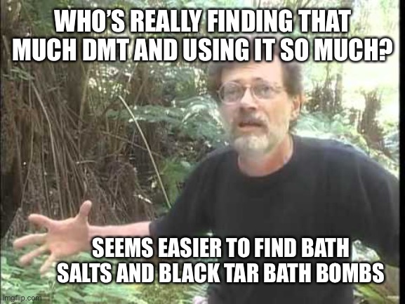 mckenna1 | WHO’S REALLY FINDING THAT MUCH DMT AND USING IT SO MUCH? SEEMS EASIER TO FIND BATH SALTS AND BLACK TAR BATH BOMBS | image tagged in mckenna1 | made w/ Imgflip meme maker