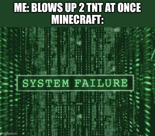Glitch in the matrix | ME: BLOWS UP 2 TNT AT ONCE
MINECRAFT: | image tagged in glitch in the matrix | made w/ Imgflip meme maker