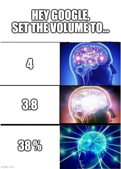 Expanding Brain Meme | HEY GOOGLE, SET THE VOLUME TO... 4; 3.8; 38 % | image tagged in memes,expanding brain | made w/ Imgflip meme maker