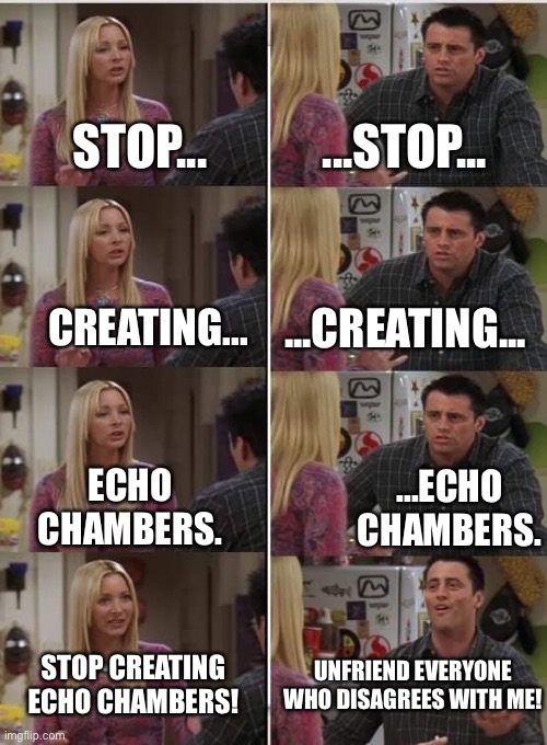 Who's ready to leave Facebook?! | ...STOP... STOP... CREATING... ...CREATING... ...ECHO CHAMBERS. ECHO CHAMBERS. UNFRIEND EVERYONE WHO DISAGREES WITH ME! STOP CREATING ECHO CHAMBERS! | image tagged in friends joey teached french,memes,funny,trump,covid | made w/ Imgflip meme maker