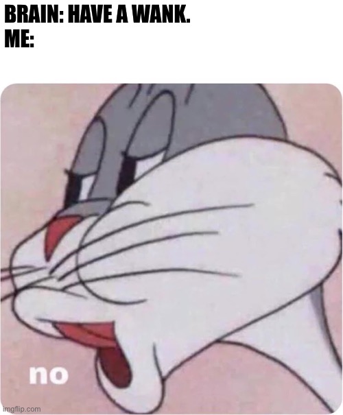 Bugs Bunny No | BRAIN: HAVE A WANK.


ME: | image tagged in bugs bunny no,pmolol | made w/ Imgflip meme maker