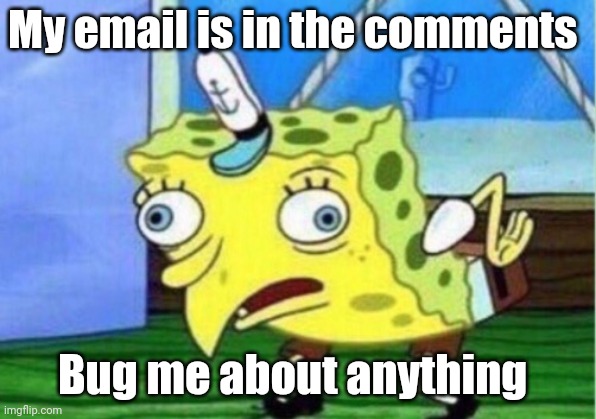 I don't care | My email is in the comments; Bug me about anything | image tagged in memes,mocking spongebob | made w/ Imgflip meme maker