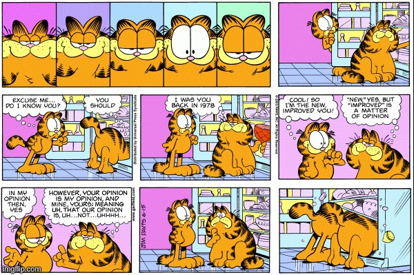 The modern Garf meets his classic! | image tagged in garfield,1978 | made w/ Imgflip meme maker