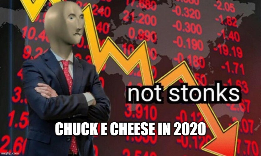 Not stonks | CHUCK E CHEESE IN 2020 | image tagged in not stonks,2020,chuck e cheese,bankruptcy | made w/ Imgflip meme maker