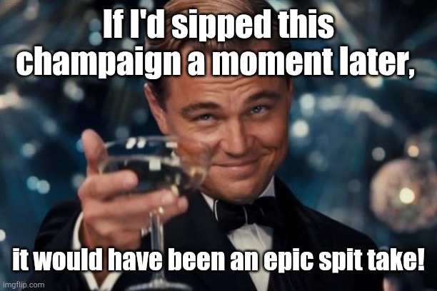 Leonardo Dicaprio Cheers Meme | If I'd sipped this champaign a moment later, it would have been an epic spit take! | image tagged in memes,leonardo dicaprio cheers | made w/ Imgflip meme maker