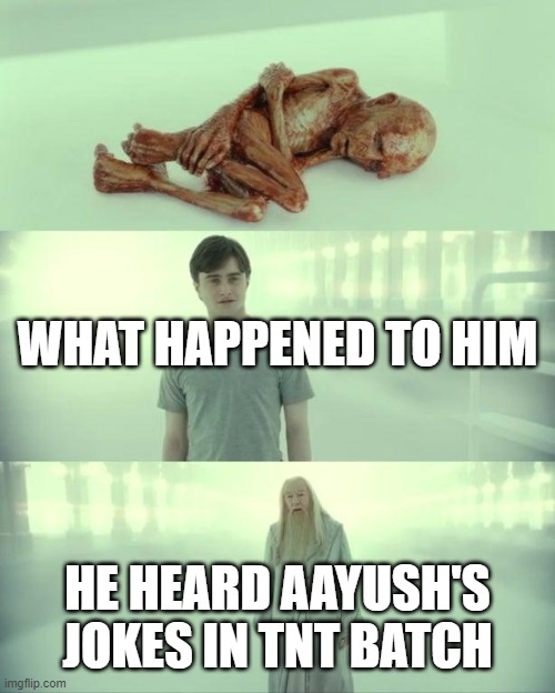 Dead Baby Voldemort / What Happened To Him | WHAT HAPPENED TO HIM; HE HEARD AAYUSH'S JOKES IN TNT BATCH | image tagged in dead baby voldemort / what happened to him | made w/ Imgflip meme maker