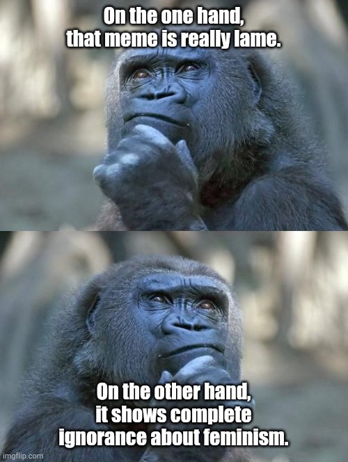 Thinking Gorilla On the One Hand | On the one hand, that meme is really lame. On the other hand, it shows complete ignorance about feminism. | image tagged in thinking gorilla on the one hand | made w/ Imgflip meme maker