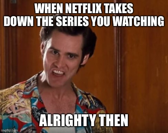 It’s true | WHEN NETFLIX TAKES DOWN THE SERIES YOU WATCHING; ALRIGHTY THEN | image tagged in alrighty then | made w/ Imgflip meme maker